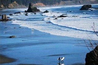 Surfers take to the waves at Battle Rock Beach.